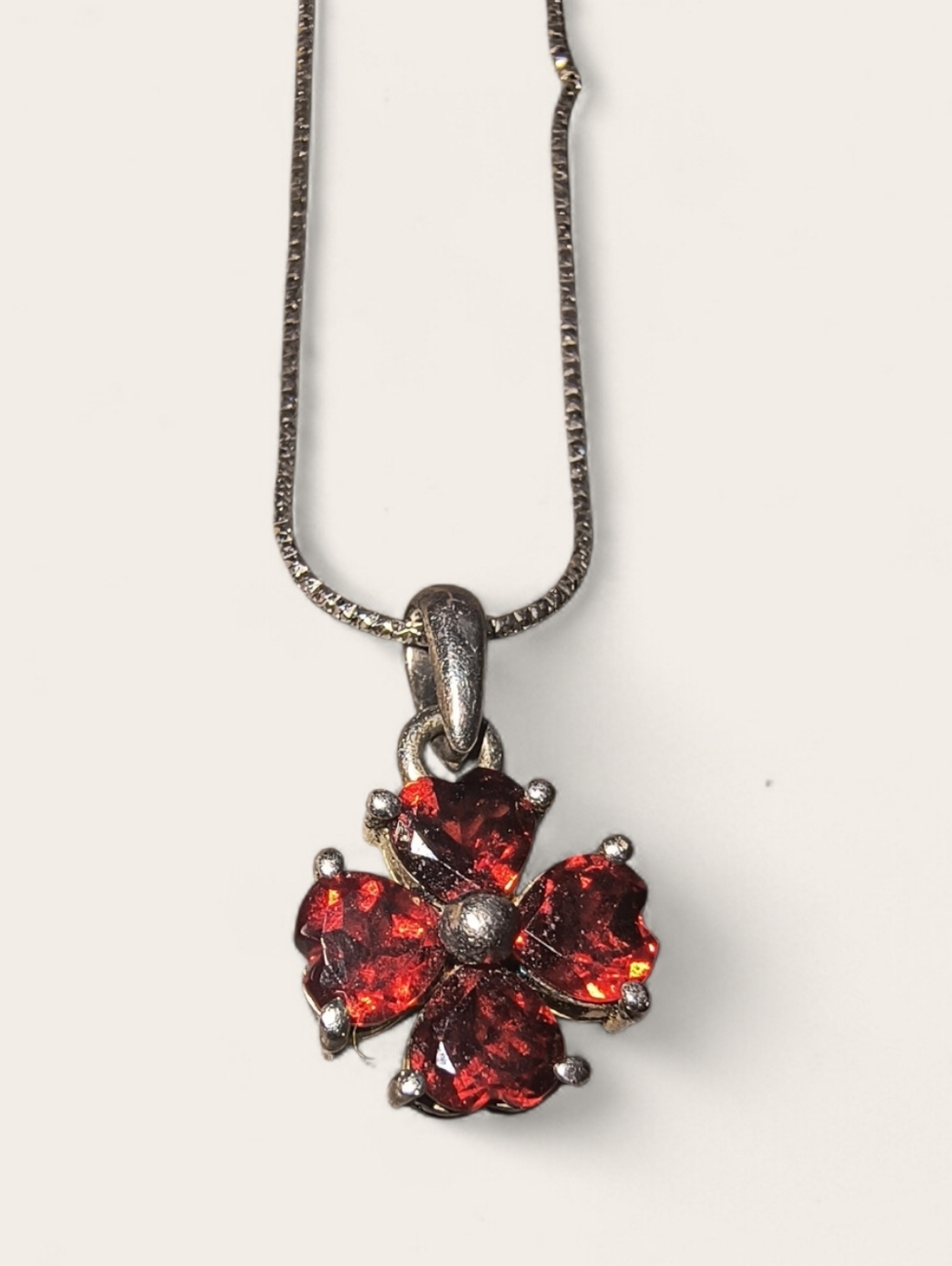 Chuck Clemency STS Garnet And Sterling Silver Flower Or Clover Necklace